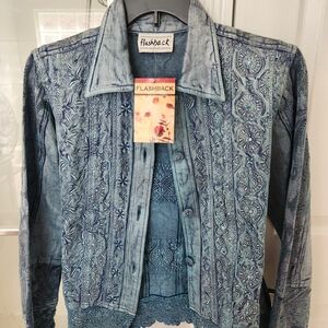 Flashback Embroidered Light Blue Denim Jacket with Scalloped Hem